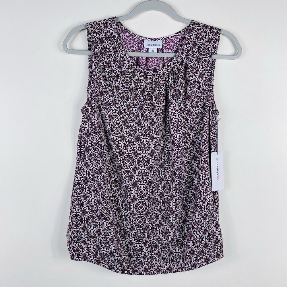Liz Claiborne Top XS Printed Sleeveless Blouse Purple White
